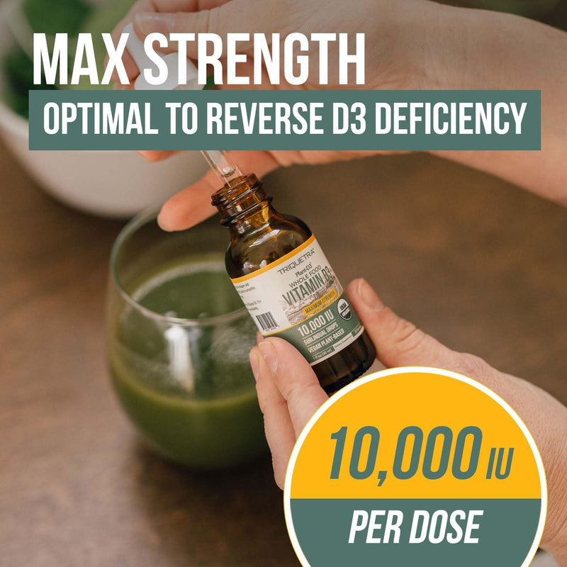 Organic Vitamin D3 10,000 IU - Plant D3, Vegan, Max Strength Sublingual Liquid D3 Drops - 200% Higher Absorption, 100% Plant-Based Cholecalciferol Form & Vegan D3, Adjustable Dosing (30 Servings) 1 Fl Oz (Pack of 1)