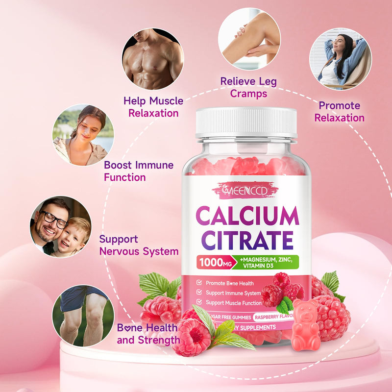 2 Pack Calcium Citrate Gummies 1000mg w/Vitamin D3, High Absorption Calcium Gummies for Women & Men, Plus Magnesium, Potassium, Zinc for Muscle & Immune Support, Raspberry Flavor, 120 Count 60 Count (Pack of 2)