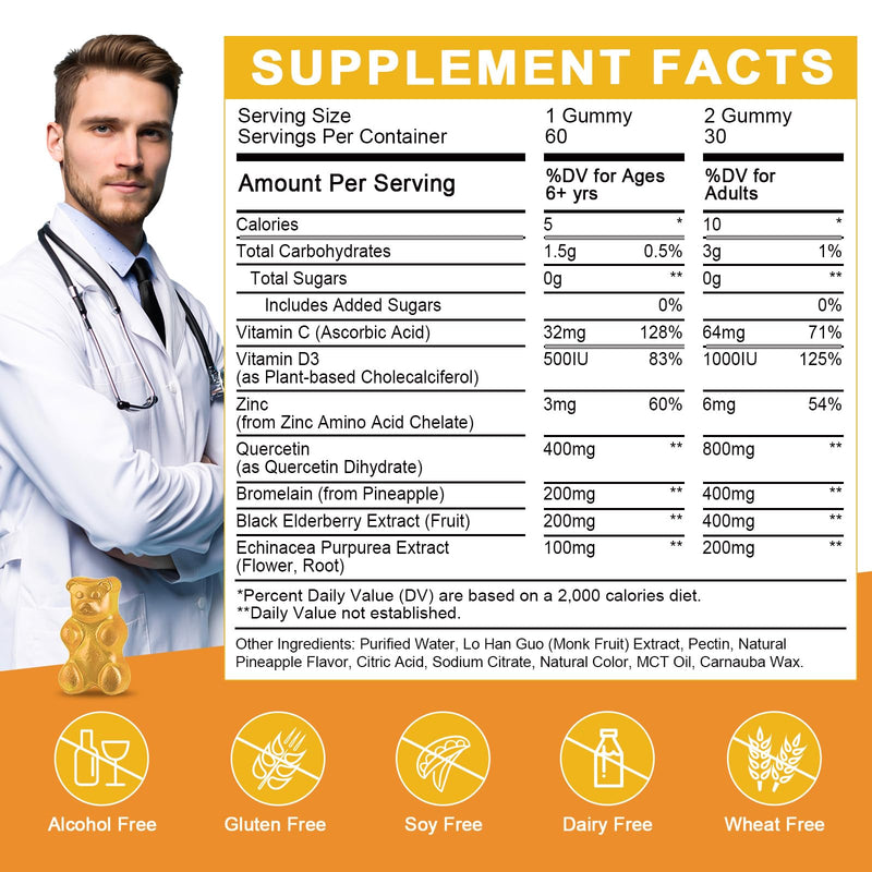 800mg Quercetin with Bromelain Gummies for Kids & Adults, Sugar Free, 60 Ct | WOGORGT - Quercetin Gummies with Bromelain, Zinc, Elderberry & D3, Immune, Seasonal Wellness Support, Vegan, Pineapple Flavor 60 Count (Pack of 1)