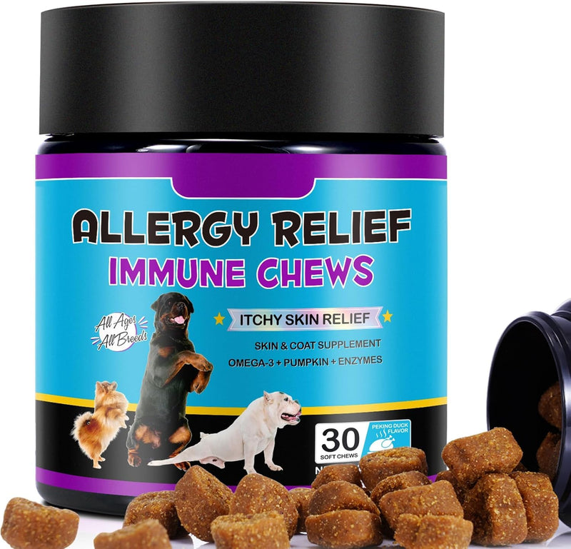 Dog Allergy Relief Chews (30 Treats) – Itch Relief & Immune Support for Dogs, Helps Support Itchy Skin, Paws, Ears & Coat Health, Omega 3, Probiotics & Vitamins, Peking Duck Flavor, All Breeds & Sizes