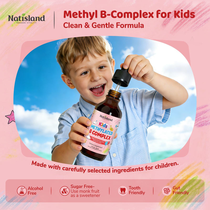 Methylated B Complex for Kids, Vitamin B Complex Liquid Drops | Plus with Methyl B12 & 5-MTHF, Sugar Free, Supports Energy & Nervous System, Vegan, Alcohol-Free, Strawberry Flavor, 2 Fl Oz