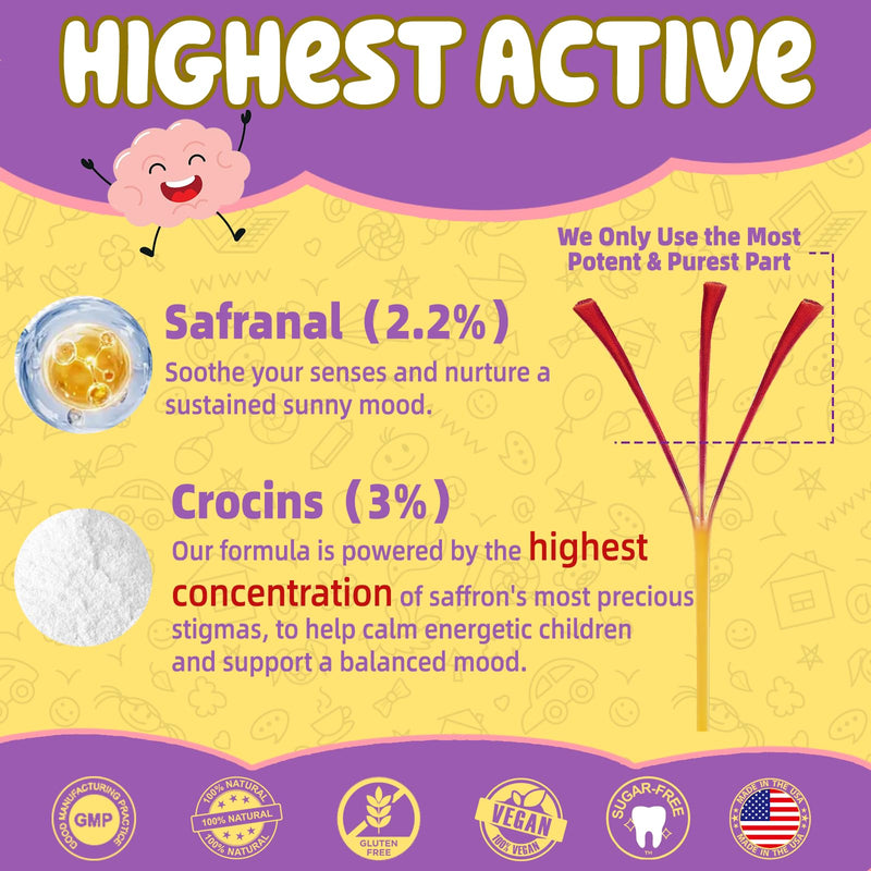 Saffron for Kids, Focus Saffron Supplement Happy Mood, Saffron Gummies Kids | Kids Saffron Gummy with Saffron Extract & Omega-3, Potassium, 60 Count, Saffron for Kids Vegan, Sugar Free