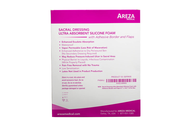 Areza Medical - Silicone Foam with Super-Absorbent Layer - Wound Dressing - Waterproof - with Adhesive Border - Sterile - Designed for Sacral Wounds - 9.1" x 10.2" - 10 PCS per Box 9.1" x 10.2", 10 PCS