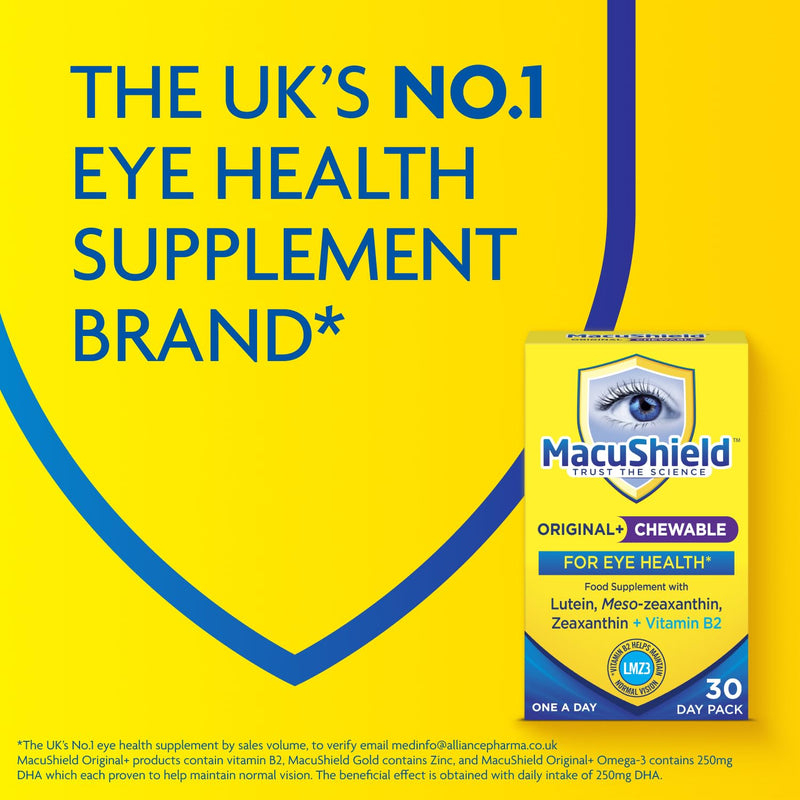 Macushield Original Chewable, 30 Tablets, 30 g | Helps maintain normal vision, Lutein, zeaxanthin and meso-zeaxanthin, Vitamin B2 riboflavin, Bilberry flavour