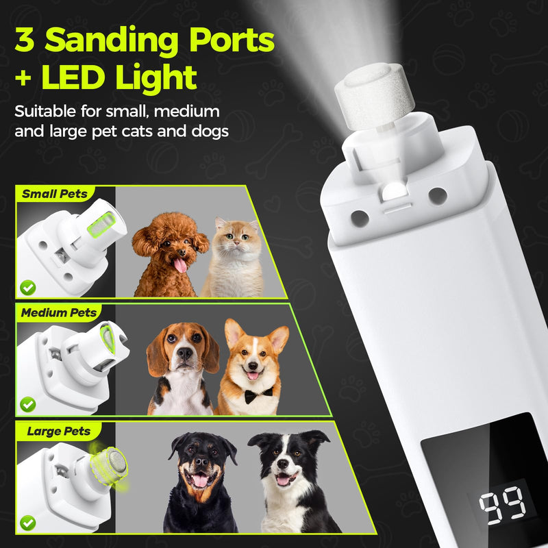Dog Nail Grinder Quiet - 45db 4 Speed 4 Ports 12000 r/min USB Rechargeable Electric Professional Pet Dog Nail Trimmers with LED Lights for Large Medium Small Puppy Dogs/Cats - White - BeesActive Australia
