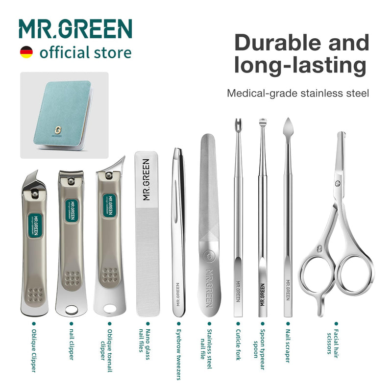 MR.GREEN Fashion Imprint Manicure Sets Professional Nail Clipper Set Personal Care Tool Kits Nial Cutter Gift With Leather Case (Green(10Pcs Set)) Green(10Pcs Set) - BeesActive Australia