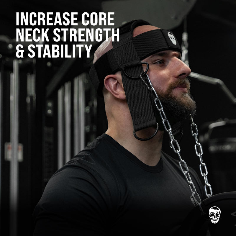 Gymreapers Neck Harness Weight Lifting - Neck Trainer Workout Equipment - Heavy Duty Stainless Steel Chain, Adjustable Neoprene Head Strap, Exercise Equipment for Strength & Pain Relief Black