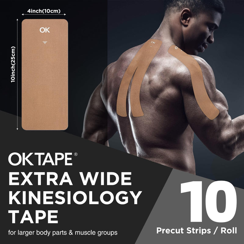 OK TAPE Extra Wide Kinesiology Tape, Precut K Tape Strips, Elastic Physical Therapy Athletic Tape for Pain Relief & Joint Support | Back, Shoulder, Knee (4" x 10" - 10Pcs) Beige 1 Roll