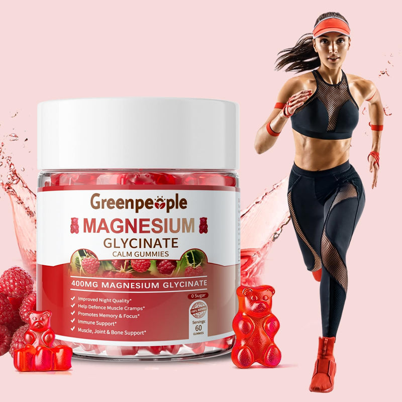 GREENPEOPLE Magnesium Glycinate Gummies 400mg - Raspberry, 60ct | Chelated Sugar Free,High Absorption Supplement with Magnesium Citrate,Vitamin D & B6 Calm,Sleep & Stress Support for Adults 60 Count (Pack of 1)