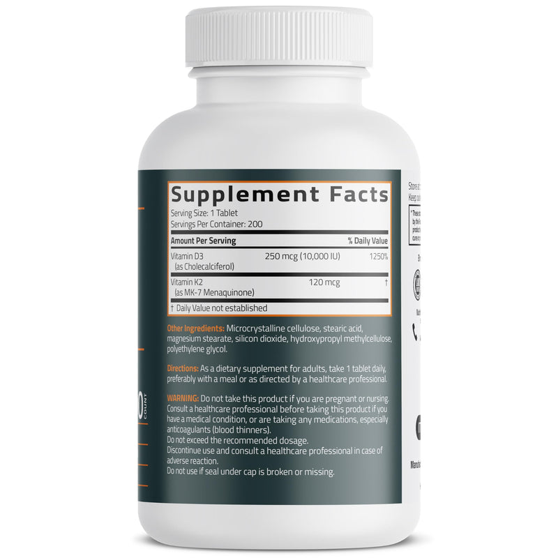 Bronson Vitamin K2 MK-7 + D3 10,000 IU Extra Strength, 200 Tablets | 120 mcg Vitamin K2 as MK-7 per Tablet, Bone Health Support, Non-GMO, Gluten-Free & Soy-Free 200 Count (Pack of 1)