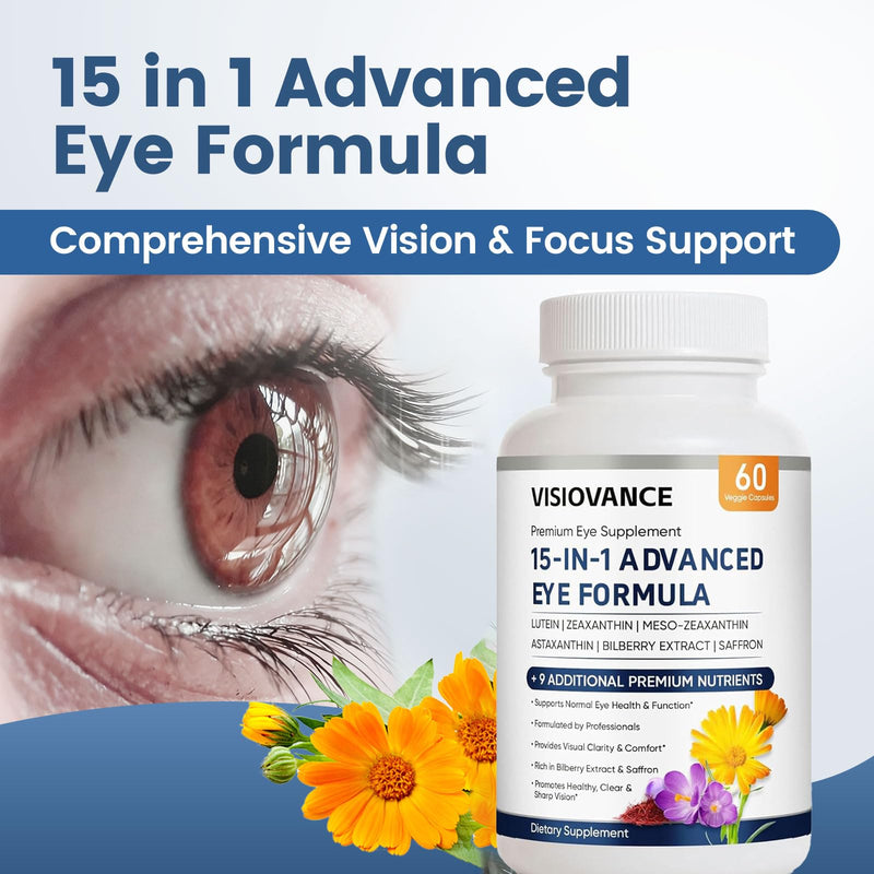 15 in 1 Advanced Eye Formula, Eye Vitamin and Mineral Supplement with Lutein, Zinc, Luteolin, Zeaxanthin & Bilberry Extract, 60 Count (1)