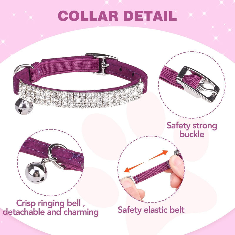 BINGPET Diamond Cat Collar,Adjustable Soft Velvet Leather Safe Kitten Collar with Shiny Rhinestones and Bells,Girl Boy Bling Stylish Cat Collars with Safety Elastic for Small Medium Cats（Purple） Purple - BeesActive Australia