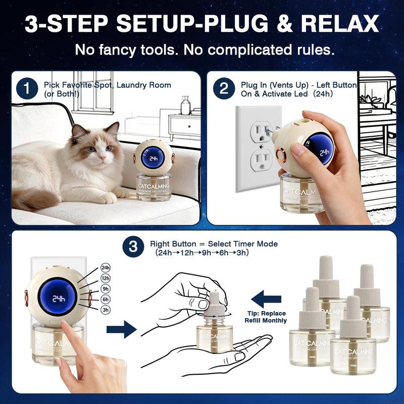 6 in 1 with Timing Function Cat Calming Diffuser Multicat Calming Pheromones Diffusers 60 Days Calm Relaxing Pheromone for Cats kit 48ml Relief Stress Anxiety Fighting Scratching 2 diffuser,4 refill