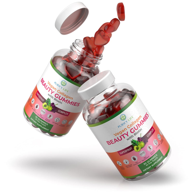 Vegan Collagen Booster Gummies with Biotin, Support Hair, Skin, Nail Health | Collagen support superfruit complex with vitamin A, E, C & biotin - tasty alternative to capsules & pills, vegan, made in USA Beauty Gummies