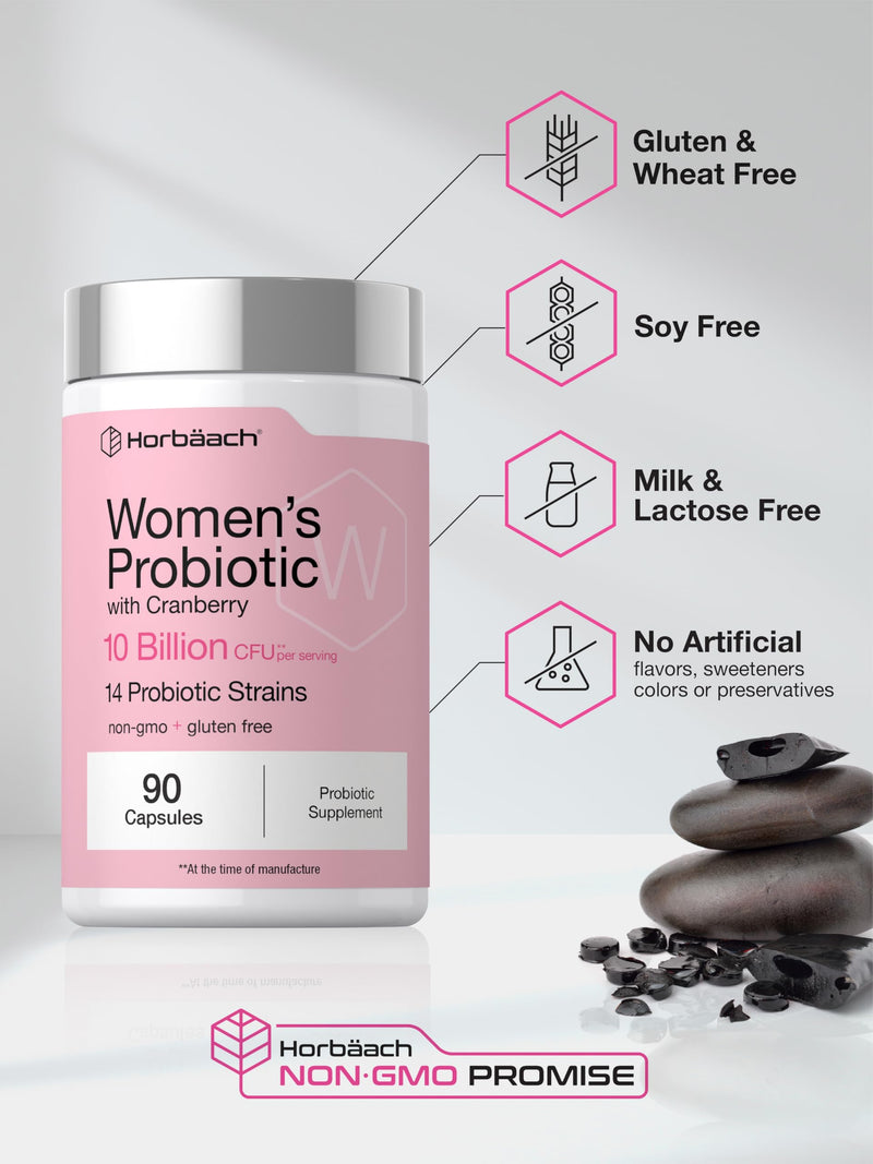Horbäach Women's Probiotic with Cranberry Supplement | 10 Billion CFU | 14 Probiotic Strains | 90 Capsules | Non GMO, Gluten Free