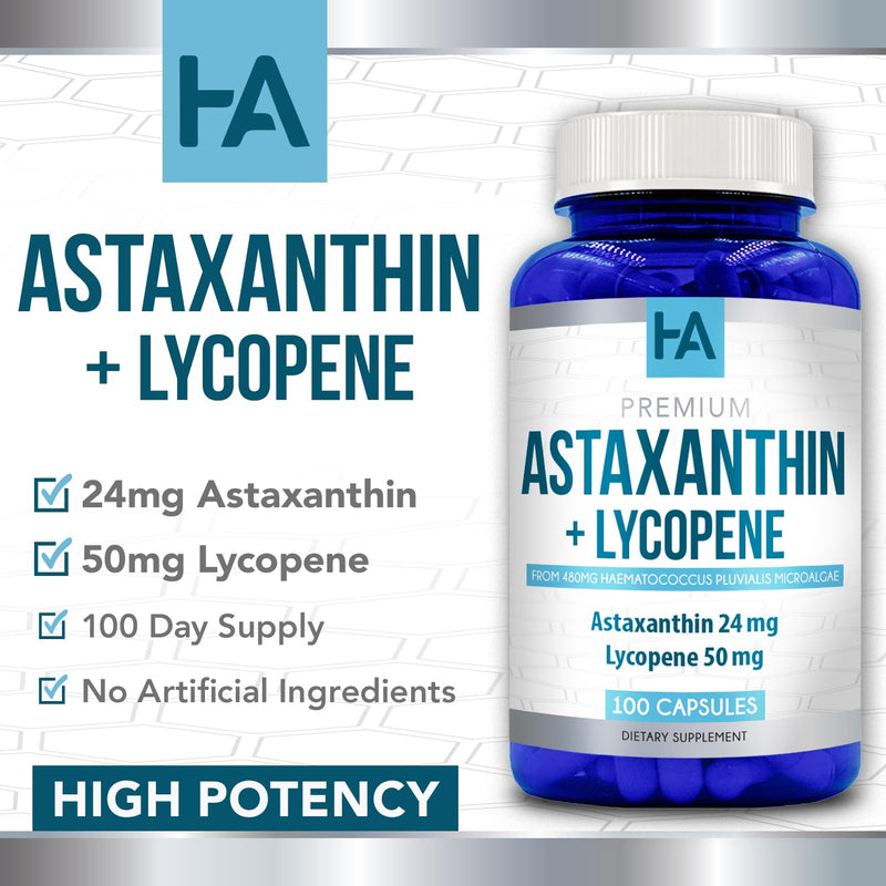 Astaxanthin and Lycopene Supplement | Lycopene 50mg Plus Astaxanthin 24mg Carotenoids Supplement for Tanning Skin Care Vision & Heart Health Support | Vegan & Non-GMO (100 Veggie Capsules)