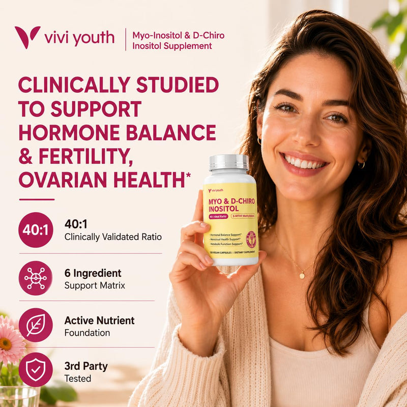 Myo-Inositol & D-Chiro Inositol 40:1 With Methylfolate, ALA & Chromium | with Vitamin D3, Hormone Balance, Ovarian Function, Regular Cycles, Third-Party Tested, Vegan, 120 Capsules, hormone harmony