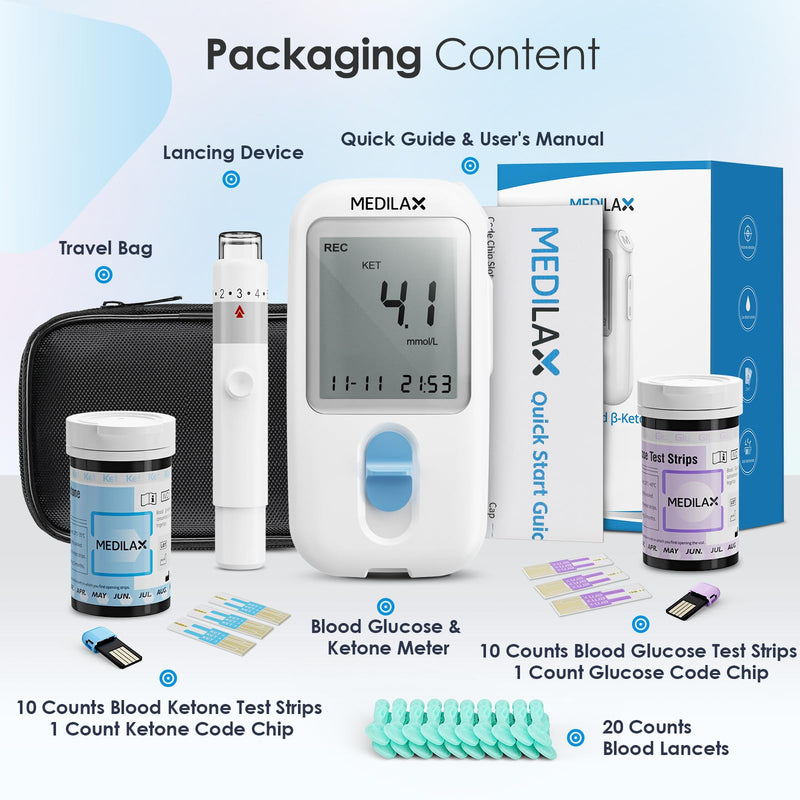 Ketone Monitor and Glucose Meter Kit - Dual Blood Sugar and Ketone Test Meter Kit with 10 Ketone Test Strips, 10 Glucose Test Strips, Lancets & Lancing Device - BeesActive Australia