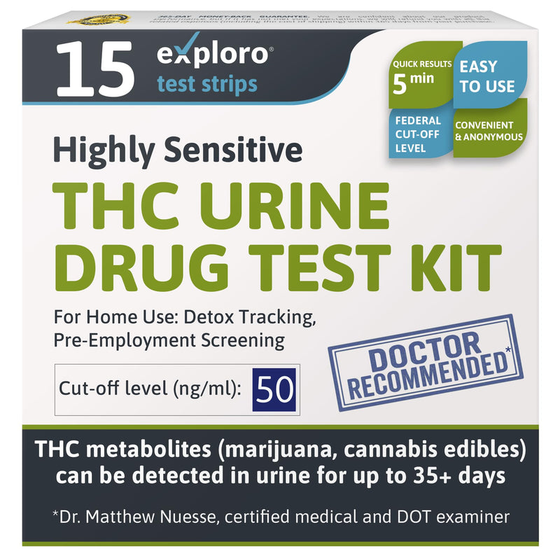 Exploro THC Tests for Home Use - Marijuana Drug Test Kit for Urine (15 Pack), Weed Detox Testing Kits with 50 ng/ml Cutoff Level 15 Count (Pack of 1) - BeesActive Australia