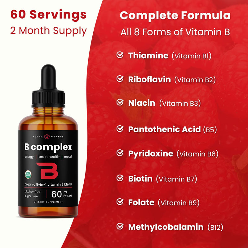 USDA Organic Vitamin B Complex Liquid Drops Sublingual B12 Methylcobalamin | B1, B2, B3, B5, B6, B7, B9 | Methylated B Vitamins Complex for Women & Men | Biotin, Niacinamide, Folate & Folic Acid, 2oz 2 Fl Oz (Pack of 1) Adults Drops