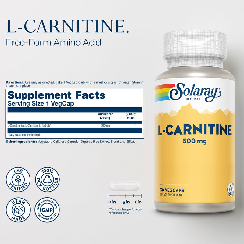 SOLARAY L-Carnitine 500 mg, Free Form Amino Acid, Lab Verified, GMP Facility, 60-Day Money-Back Guarantee, 30 Servings, 30 VegCaps