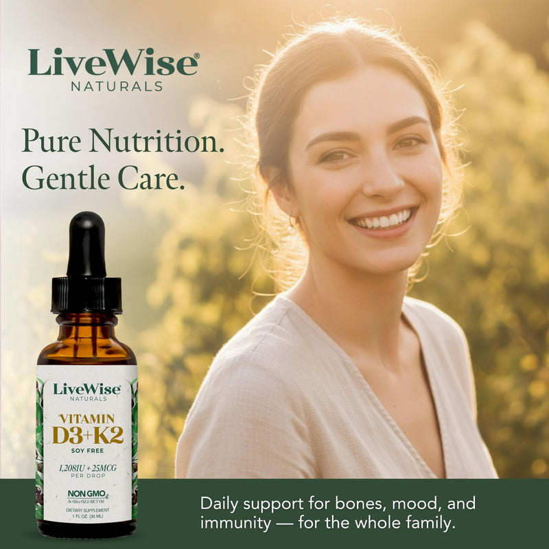 Live Wise Naturals Vitamin D3 K2 Drops for Adults, Ultra Concentrated | 930 Drops, 1208 IU Vitamin D3, 25 MCG (MK-7), Fast Absorption, Customizable Micro-Dosing Dropper for Calcium & Bone Support Adult D3+K2 1208IU No Flavor Added