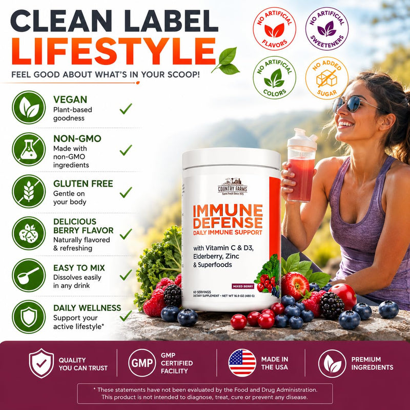 Country Farms Immune Defense Superfoods, Immune Support Supplement, Vitamin C with Black Elderberry, Echinacea, Turmeric, Supports Hydration, with Probiotics and Prebiotics, Berry Flavor, 60 Servings 1.06 Pound (Pack of 1)