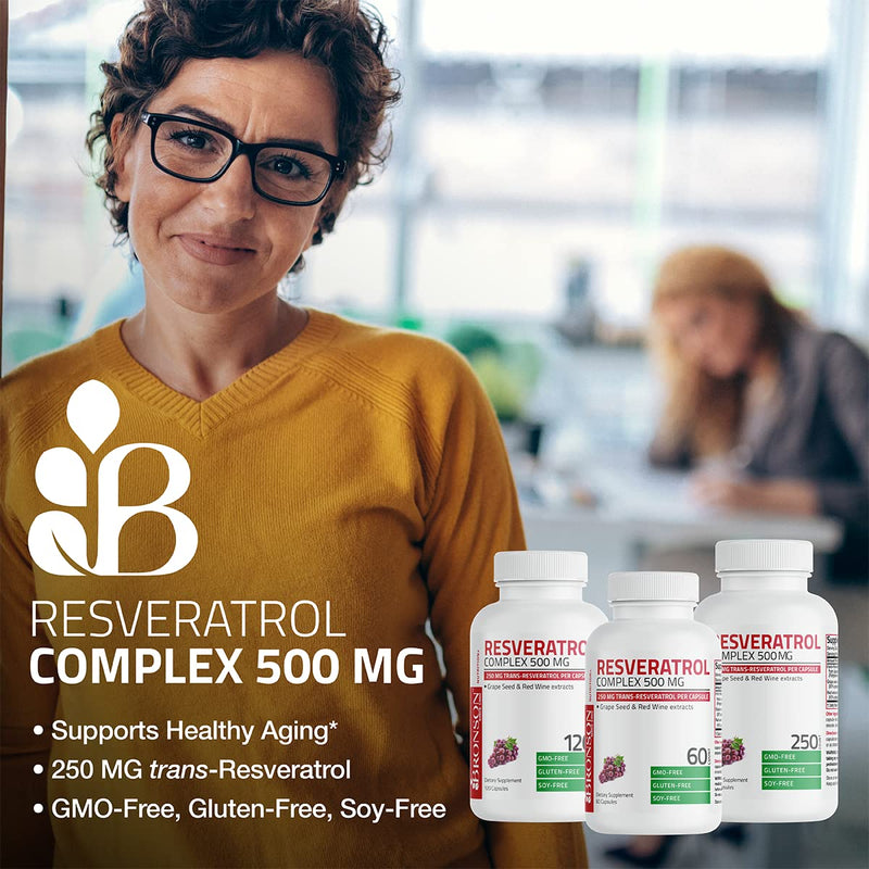 Bronson Resveratrol Complex 500 mg with Grape Seed & Red Wine, 60 Capsules | trans-Resveratrol from Japanese Knotweed, Healthy Aging & Cellular Support, Non-GMO, Gluten-Free & Soy-Free 60 Count (Pack of 1)
