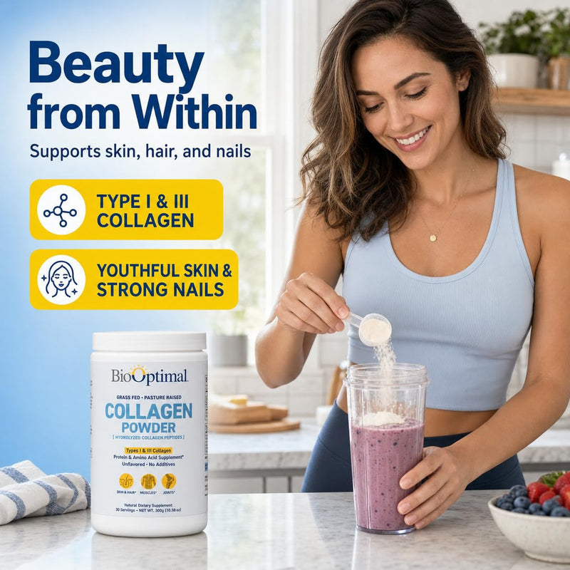 BioOptimal Grass-Fed Hydrolyzed Collagen Powder, Unflavored, Skin & Joints | Hydrolyzed Type I & III; 10g per scoop; 30 servings; non-GMO; gluten-free; no sugar or preservatives; GMP certified