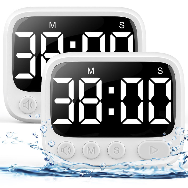 HAUKINIX Shower Timer Waterproof Bathroom Toilet Timer Digital Kitchen for Wall Mount, Study w/Foldable Stand, Countdown Stopwatch w/Suction Cup for Swim, Rechargeable, 2 Pack White - BeesActive Australia