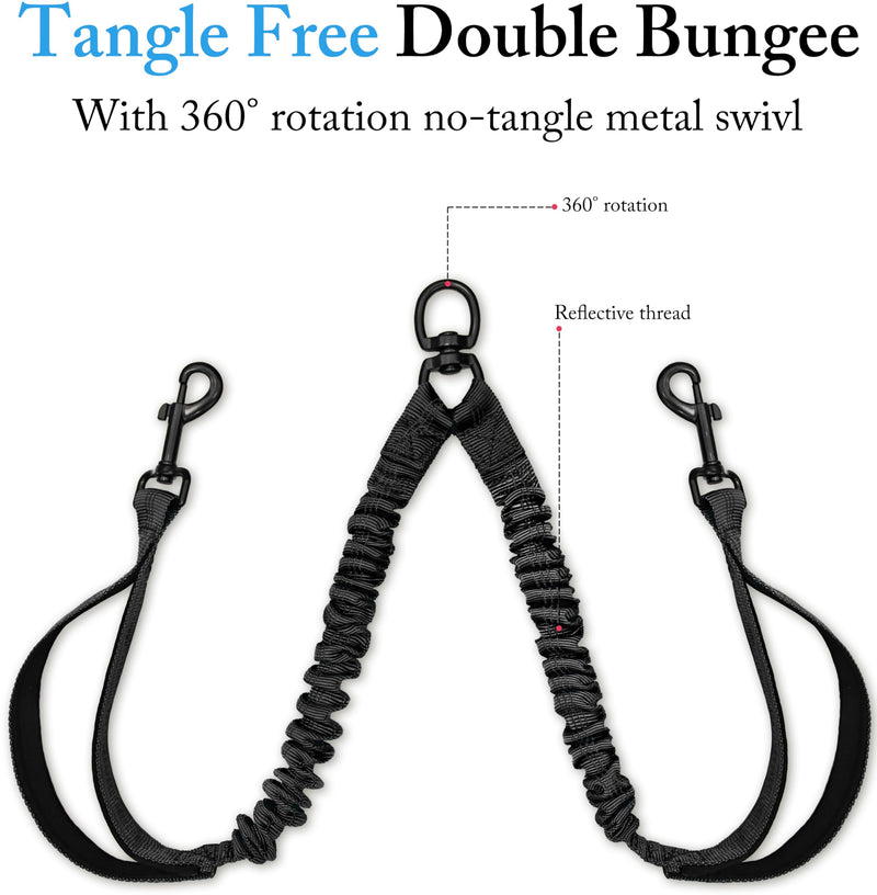 Dog Leash, Double Dog Leash for Two Dogs, Heavy Duty Adjustable Dual Dog Leash No Tangle, Bungee Retractable Split Multiple Leash for Walking 2 Dogs, Dog Poop Bags Trip Essentials (5.5FT-1/2”, Black) - BeesActive Australia