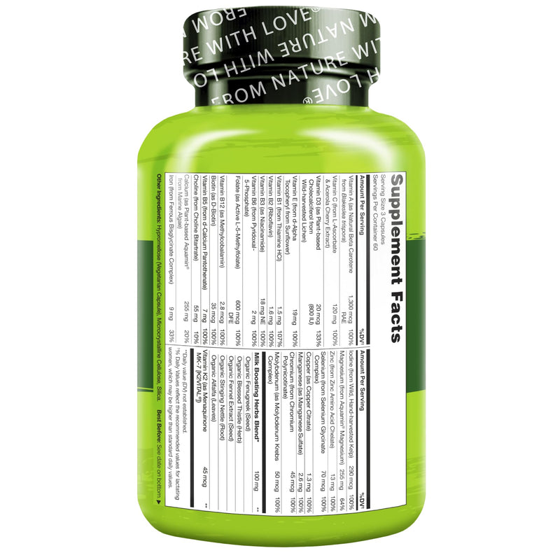 NATURELO Postnatal Multivitamin, Postnatal Vitamins, 180 Capsules | For breastfeeding women, plant-based vitamin D, folate, gentle iron, post natal lactation support, breastfeeding supplement 180 Count (Pack of 1)