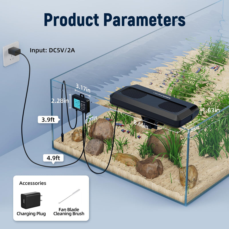 AQUASMITH Aquarium Chiller Fan,Fish Tank Cooler with Temperature Control,Minimum Setting 59℉,Auto Start/Stop,Refrigeration Effect 3-7℉,3-Speed Modes,for Axolotl Seawater Freshwater Coral Grass Tank Black