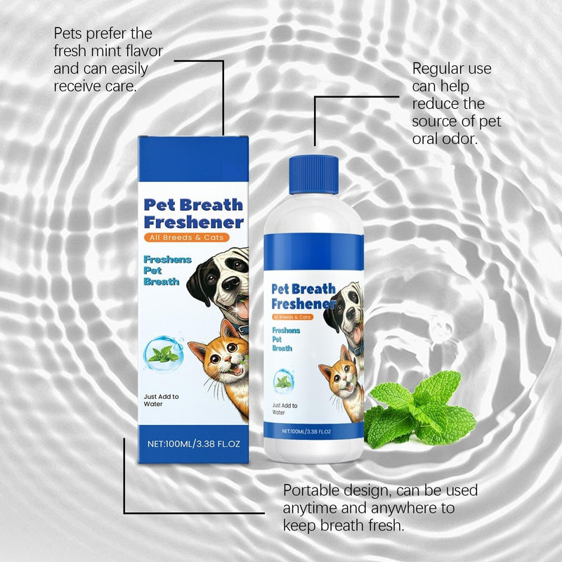 Pet Breath Freshener, Dog Dental Care Teeth Cleaning, Dental Care Oral Dog Mouthwash - 100ml Helps for Bad Breath, Freshens Breath and Aid in Daily Oral Use,Suitable for Breeds Dogs & Cats-3.38 Fl.oz