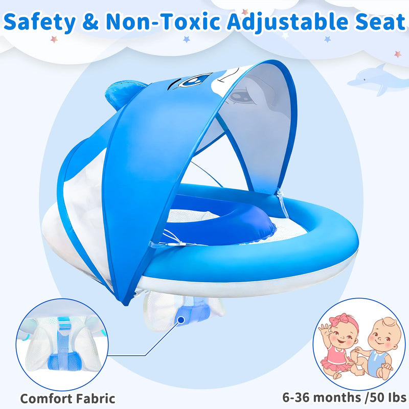Dolphin Baby Float with Canopy for Age 6-36 Months UPF 50+ Sun Protection Never Flip Over Dual Air Chambers Adjustable Safety Seat 4 Stage Adjustable Canopy Inflatable Swim Pool Float Toddler Infant blue
