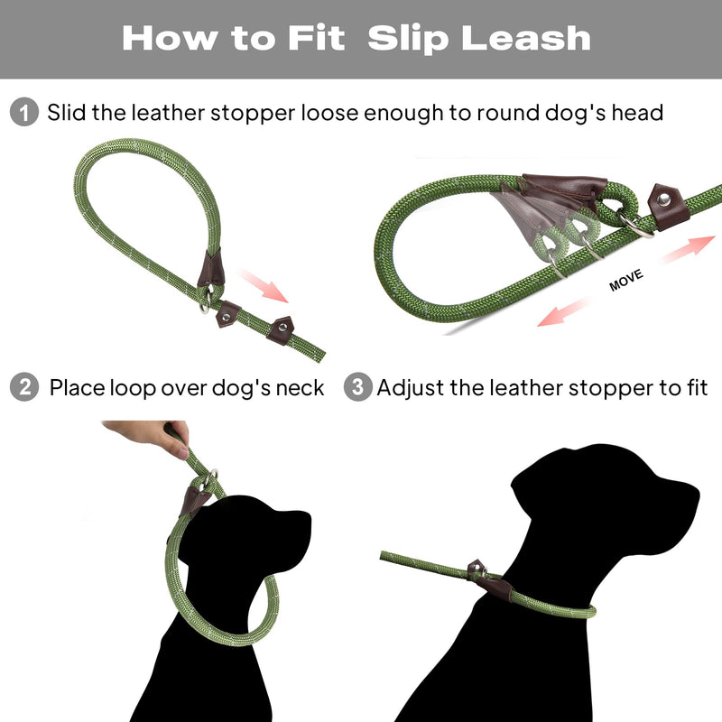 TwoEar Dog Leash Dog Slip Rope Leash 1/2" x 6FT Dog Training Leash Heavy Duty Strong Slip Lead Highly Reflective Threads for Small Medium and Large Dogs(Green) Large(1/2''x6ft) Green - BeesActive Australia