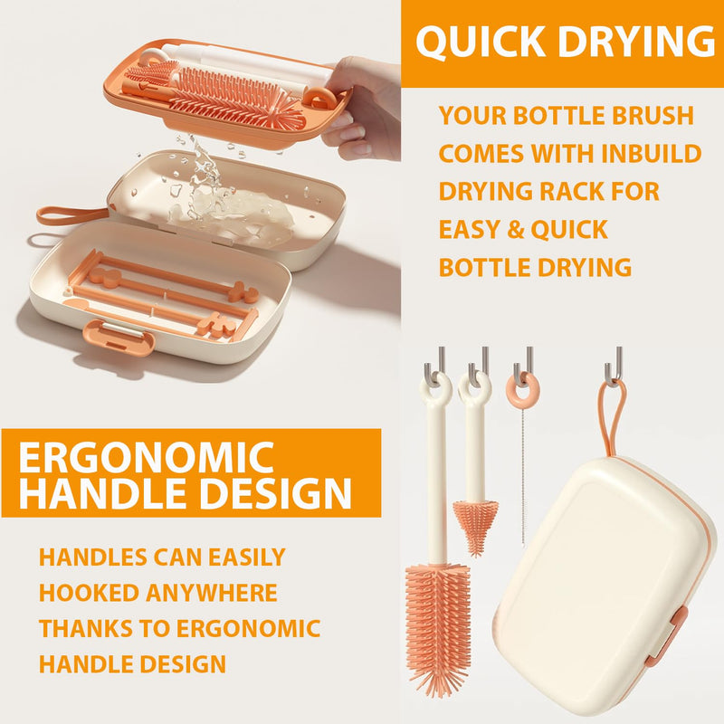 Travel Bottle Cleaner kit, 7in1 Baby Travel Essential Silicone Travel Bottle Brush Set, Nipple, Drying Rack, Straw, & Breast Pump Cleaning, Soap Dispenser & Organizer Case, Gift for Mom (White) White - BeesActive Australia