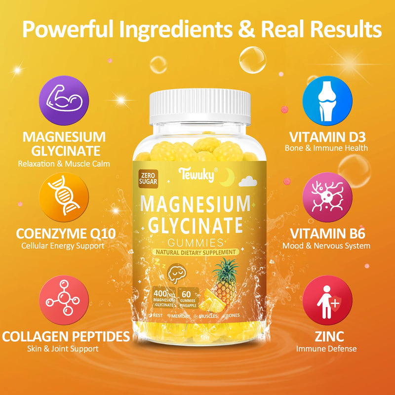 Magnesium Glycinate Gummies 400mg - Sugar Free Vegan Gummies for Adults & Kids with Vitamin D3, B6, C, CoQ10, Collagen, Zinc - Sleep, Muscle, Bone & Memory Support - 60 Pineapple Chewables 60 Count (Pack of 1)