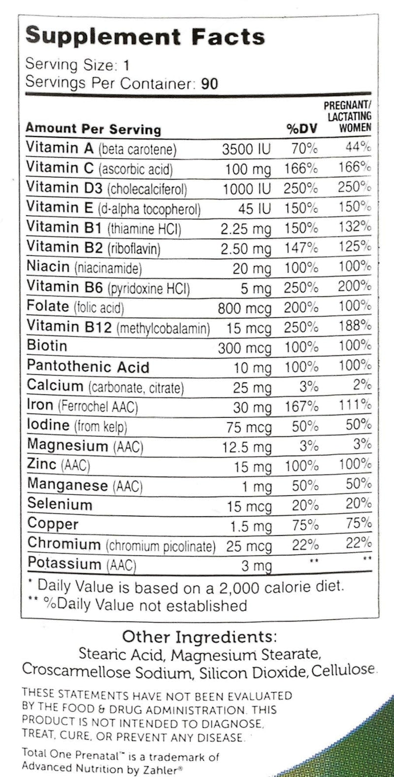 Zahler - Total One Prenatal Vitamins for Women (90 Count) Daily Multi Vitamin Prenatals with Folic Acid, Iron, Zinc & 19 Other Essential Vitamins & Minerals - Kosher Pre Natal Multivitamin Capsules 90 Count (Pack of 1)