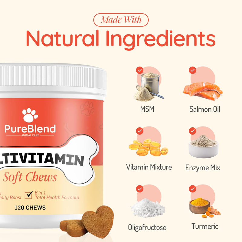 PureBlend Multivitamin Soft Chews for Dogs — Dog Vitamins with Glucosamine, Salmon Oil, Probiotics & CoQ10 — 120 Chews, Up to 4 Month Supply
