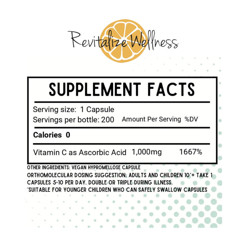 Vitamin C Capsules | Pure, Corn, & GMO-Free | 1000 mg Vitamin C Per Capsule | 200 Capsules