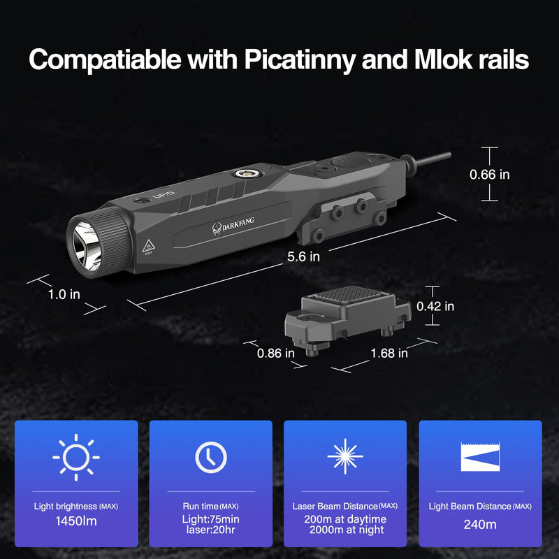 DARKFANG Mlok and Picatinny Flashlight and Laser Combo for Rifle, 1450 Lumen Weapon Light with Removeable Pressure Switch Green Laser Light Combo For Mlok/Picatinny