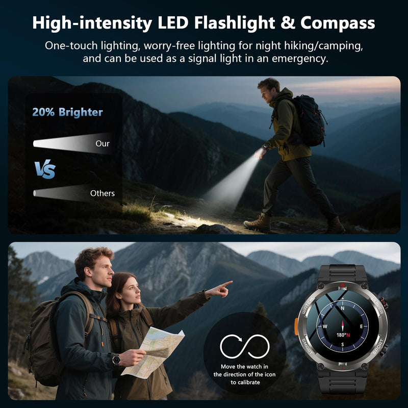 IOWODO Military Smart Watch for Men -100-Day Long Battery Life,Fitness Tracker with LED Flashlight/Compass,Heart Rate Monitor,120+ Sports Modes,IP68 Waterproof,Bluetooth Call Smartwatch for iOSAndroid - BeesActive Australia