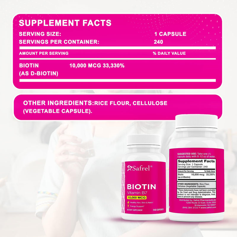 Safrel Biotin (Vitamin B7) 10,000mcg (10mg) Vitamin Supplement, 240 Capsules - Vegetarian, Gluten Free, Quick Release, Non-GMO