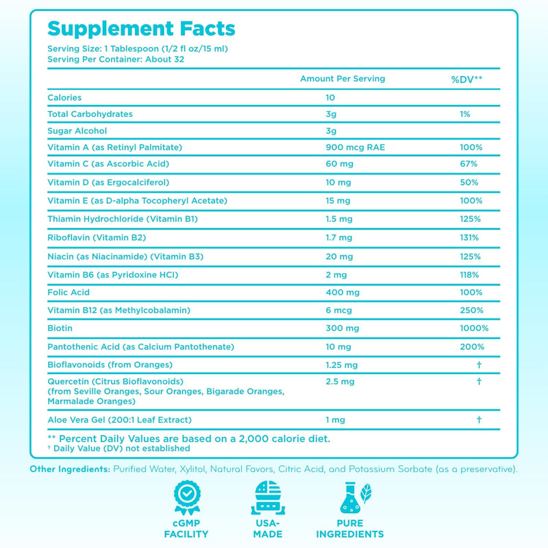 Sugar Free Liquid Multivitamin for Kids - High Absorption Kids Liquid Multivitamin with Vitamins A C D E & B Complex Plus Quercetin Immune Support Complex - 3rd Party Tested - Orange Flavor (1 Month)