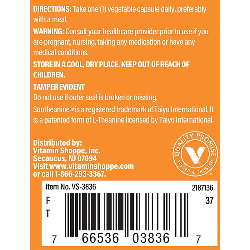 The Vitamin Shoppe Brand L-Theanine 200 MG, 120 Vegetable Capsules | Includes Suntheanine, Promotes Relaxation, Calm and Focus Support for Men and Women, Gluten Free, Vegetarian 120 Count (Pack of 1)
