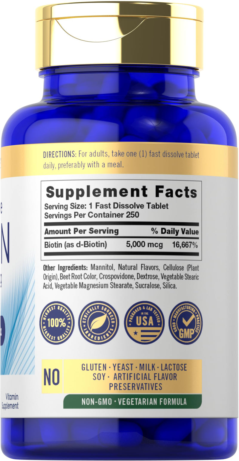 Carlyle Biotin 5000mcg | 250 Fast Dissolve Tablets | for Hair, Skin & Nails | Vegetarian, Non-GMO and Gluten Free Supplement 250 Count (Pack of 1)