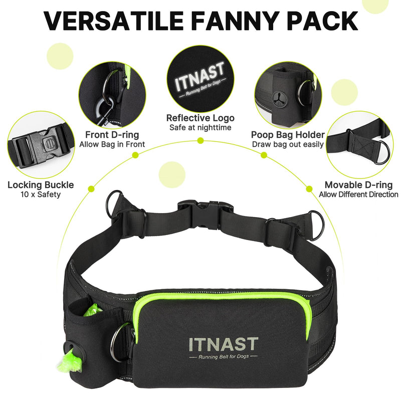 Hands Free Dog Leash for Medium Large Dogs, Waist Support Padded Bungee Dog Running Leash with Reflective Stitching for Walks, Jogging, Running, Hiking, and Dog Training for One Dog Black/Green - BeesActive Australia