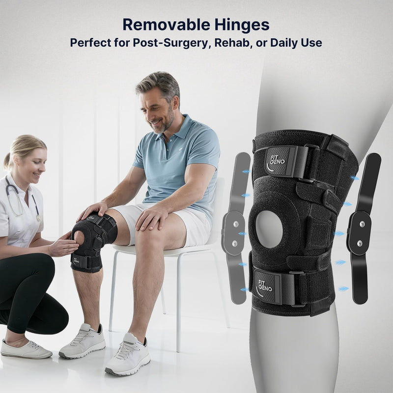 Fit Geno Hinged Knee Brace for Meniscus Tear: Adjustable Knee Support for Knee Pain w/Side Stabilizers & Hinges for Injury or Surgery Recovery - Men and Women Black Regular fits S/M/L/XL