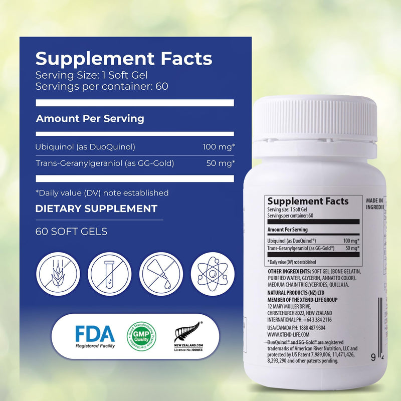 Xtendlife Xtend‑Quinol Ubiquinol CoQ10 Supplement, 60 Day Supply | High Potency Daily Support for Heart Health & Cellular Energy – with Geranylgeraniol (GG) for CoQ10 Production Xtend-Quinol (CoQ10) - 1 Pack